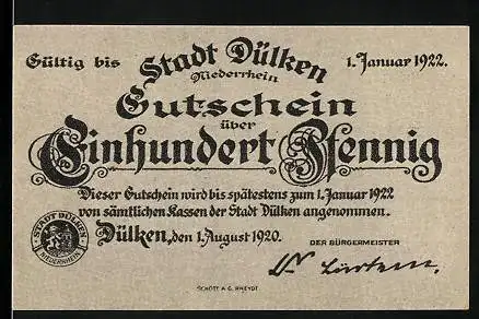 Notgeld Dülken 1922, 100 Pfennig, Feier des akademischen Neujahrs 1827