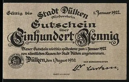 Notgeld Dülken 1922, 100 Pfennig, Feier des akademischen Neujahrs 1827