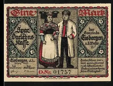 Notgeld Eisbergen 1921, 1 Mark, Bürger in Tracht