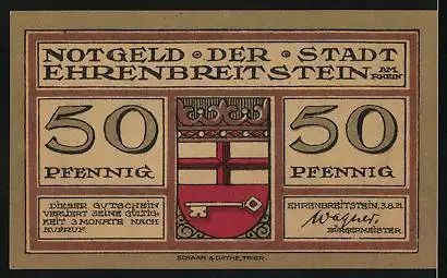 Notgeld Ehrenbreitstein 1921, 50 Pfennig, Ortsansicht ums Jahr 1700