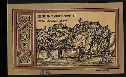 Notgeld Ehrenbreitstein 1921, 50 Pfennig, Ortsansicht um 1700