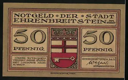 Notgeld Ehrenbreitstein 1921, 50 Pfennig, Ortsansicht um 1700