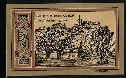 Notgeld Ehrenbreitstein 1921, 50 Pfennig, Ortsansicht aus dem Jahr 1700