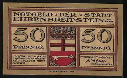 Notgeld Ehrenbreitstein 1921, 50 Pfennig, Ortsansicht aus dem Jahr 1700