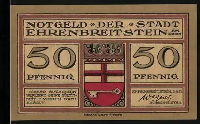 Notgeld Ehrenbreitstein 1921, 50 Pfennig, Wappen und Ortsansicht um 1700