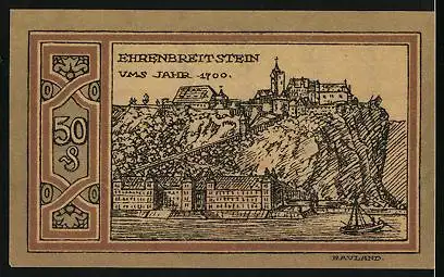 Notgeld Ehrenbreitstein 1921, 50 Pfennig, Wappen und Ortsansicht um 1700