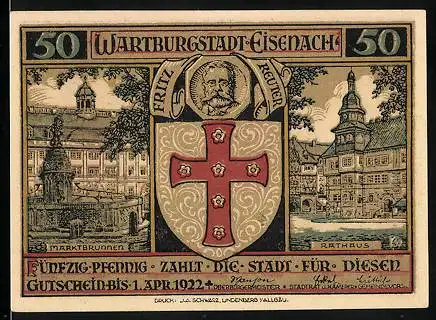 Notgeld Eisenach 1922, 50 Pfennig, Marktbrunnen, Rathaus, Fritz Reuter, Heilige Elisabeth