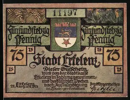 Notgeld Erkelenz 1921, 75 Pfennig, Ansicht eines Bergbaukomplexes