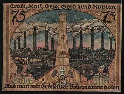 Notgeld Erkelenz 1921, 75 Pfennig, Ansicht eines Bergbaukomplexes