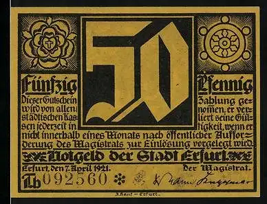 Notgeld Erfurt 1921, 50 Pfennig, Mann mit Buch und das ewige Licht