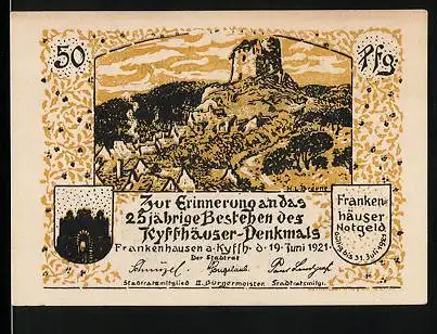 Notgeld Frankenhausen a. Kyffh. 1921, 50 Pfennig, Ortsansicht und Prinzessin Ilse und die Musikanten