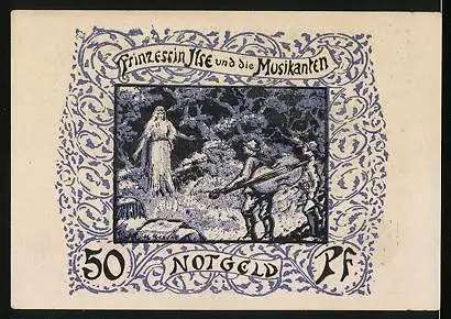 Notgeld Frankenhausen a. Kyffh. 1921, 50 Pfennig, Ortsansicht und Prinzessin Ilse und die Musikanten