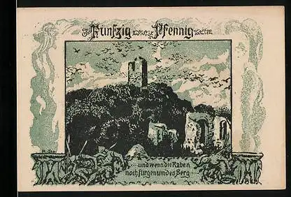 Notgeld Frankenhausen a. Kyffh. 1921, 50 Pfennig, Eine Schar Raben fliegt um den Berg