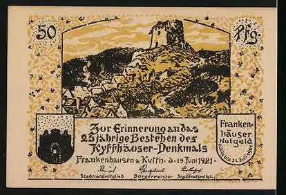 Notgeld Frankenhausen a. Kyffh. 1921, 50 Pfennig, Eine Schar Raben fliegt um den Berg