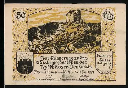 Notgeld Frankenhausen a. Kyffh. 1921, 50 Pfennig, Ritter schläft auf einem Thron