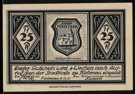 Notgeld Fürstenau i. H. 1921, 25 Pfennig, Blick aufs Rathaus