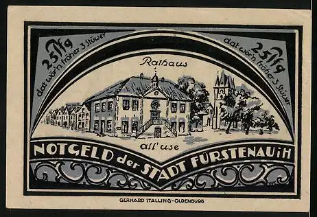 Notgeld Fürstenau i. H. 1921, 25 Pfennig, Blick aufs Rathaus