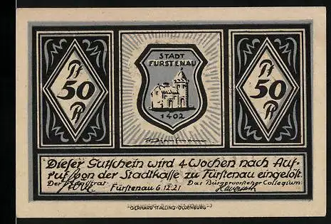 Notgeld Fürstenau i. H. 1921, 50 Pfennig, Der Eingang zum Schloss
