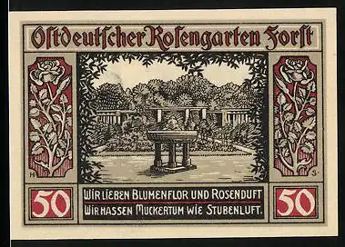 Notgeld Forst i. Lausitz 1921, 50 Pfennig, Partie im Ostdeutschen Rosengarten