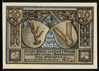 Notgeld Forst i. Lausitz 1921, 10 Pfennig, Blick auf die Webeschule