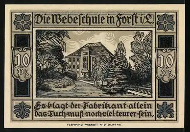 Notgeld Forst i. Lausitz 1921, 10 Pfennig, Blick auf die Webeschule