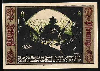 Notgeld Fürstenwalde /Spree 1921, 25 Pfennig, Otto der Faule verkauft die Mark an Kaiser Karl IV.