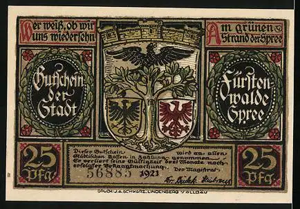 Notgeld Fürstenwalde /Spree 1921, 25 Pfennig, Otto der Faule verkauft die Mark an Kaiser Karl IV.