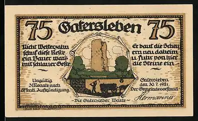 Notgeld Gatersleben 1921, 75 Pfennig, Die Gatersleber Warte, Max und Moritz entschlüpfen den Enten