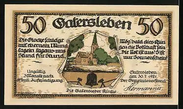 Notgeld Gatersleben 1921, 50 Pfennig, Die Gatersleber Kirche und Max & Moritz beim Stehlen