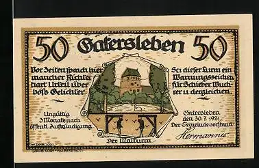 Notgeld Gatersleben 1921, 50 Pfennig, Der Malturm, Max und Moritz fliehen zu einem Zug