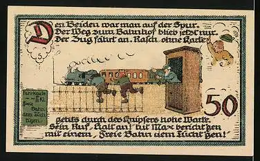 Notgeld Gatersleben 1921, 50 Pfennig, Der Malturm, Max und Moritz fliehen zu einem Zug