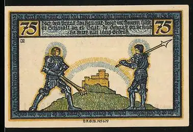 Notgeld Geldern, 75 Pfennig, Bewaffnete Ritter bewachen die Burg