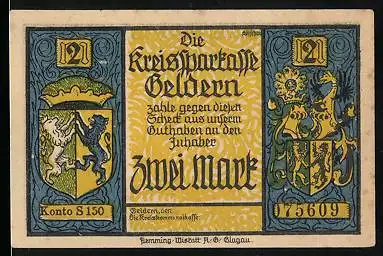 Notgeld Geldern, 2 Mark, Der Drache liegt vor der Stadt