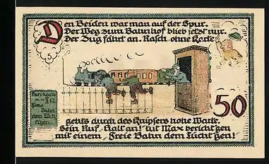 Notgeld Gatersleben 1921, 50 Pfennig, Der Malturm, Max & Moritz fliehen auf den Bahnhof