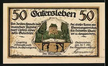 Notgeld Gatersleben 1921, 50 Pfennig, Der Malturm, Max & Moritz fliehen auf den Bahnhof