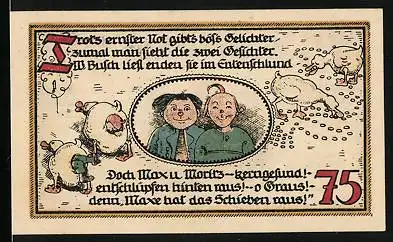 Notgeld Gatersleben 1921, 75 Pfennig, Die Gatersleber Warte, Max & Moritz und die Enten
