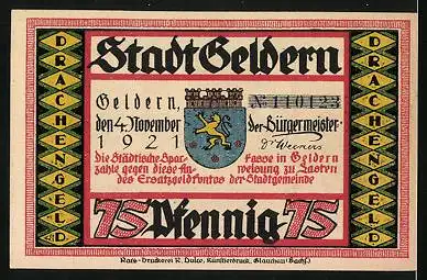 Notgeld Geldern 1921, 75 Pfennig, Der Drache jagt Schafe
