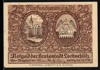 Notgeld Leobschütz 1922, 25 Pfennig, Ortsansicht aus dem Jahre 1438