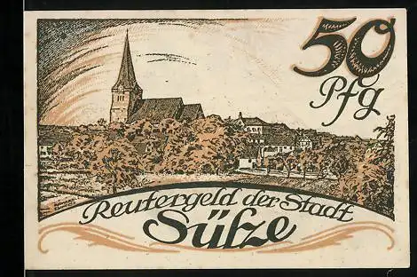 Notgeld Sülze 1922, 50 Pfennig, Ortsansicht mit Kirche, Windmühle