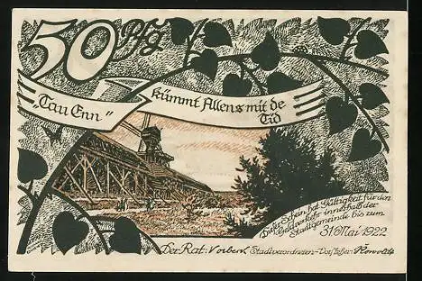 Notgeld Sülze 1922, 50 Pfennig, Ortsansicht mit Kirche, Windmühle