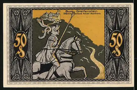 Notgeld Bad Blankenburg 1921, 50 Pfennig, Der Kaiser ist meuchlings vergiftet, Burg Greifenstein