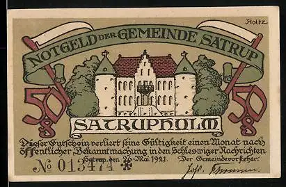 Notgeld Satrup 1921, 50 Pfennig, Burganlage Satrupholm, Damen in Tracht