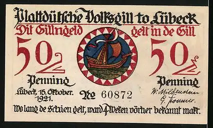 Notgeld Lübeck 1921, 50 Pfennig, Ein Seemann am Steuerrad