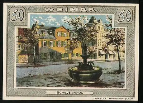 Notgeld Weimar 1921, 50 Pfennig, Das Schillerhaus im Frühling