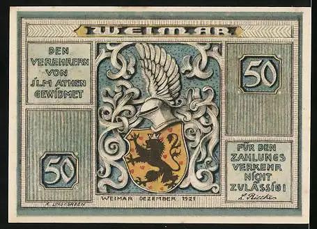 Notgeld Weimar 1921, 50 Pfennig, Wegpartie an Goethe`s Gartenhaus