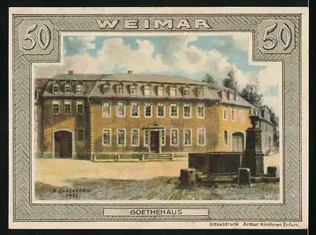 Notgeld Weimar 1921, 50 Pfennig, Brunnen am Goethehaus