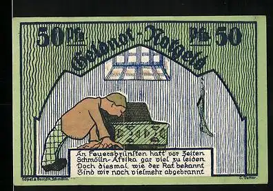 Notgeld Schmölln 1921, 50 Pfennig, Mann ohne Geld nach Brand