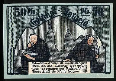 Notgeld Schmölln 1921, 50 Pfennig, Zwei Männer machen Pause