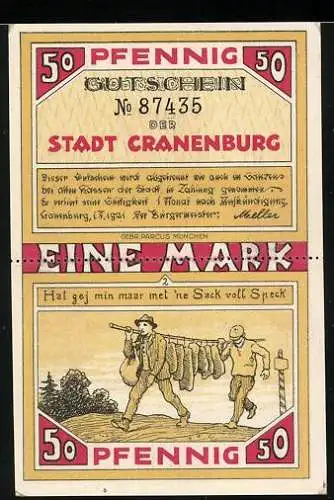 Notgeld Cranenburg 1921, 2x50 Pfennig, Wallfahrtskirche, Sack voll Speck