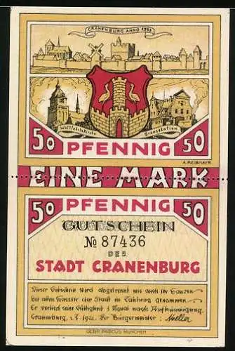Notgeld Cranenburg 1921, 2x50 Pfennig, Wallfahrtskirche, Sack voll Speck